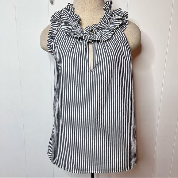J Crew Ruffle Top Sleeveless Blue White Striped Poplin Shirt Style G0825 Size 2 - Picture 1 of 7